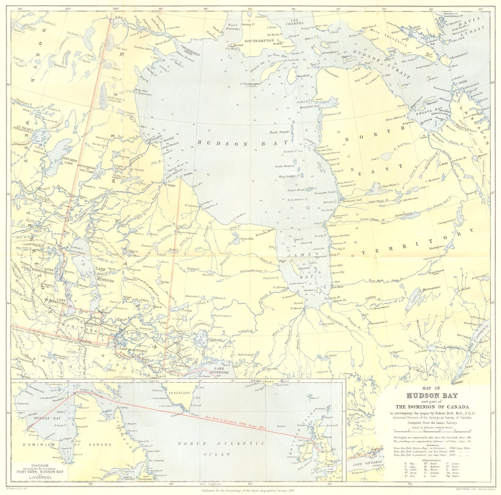 HUDSON BAY. Canada. Route from Fort York to Liverpool.Keewatin.Bell.RGS 1881 map